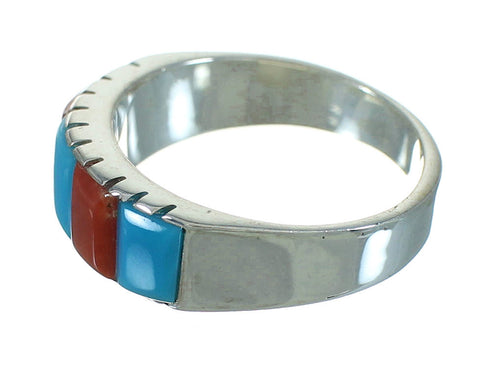 Coral And Turquoise Inlay Genuine Sterling Silver Ring Size 5 AX87559